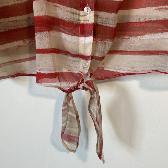 Chico's Red Gray Striped Blouse 3/4 sleeve semi sheer button front shirt 3 or XL - Picture 3 of 10